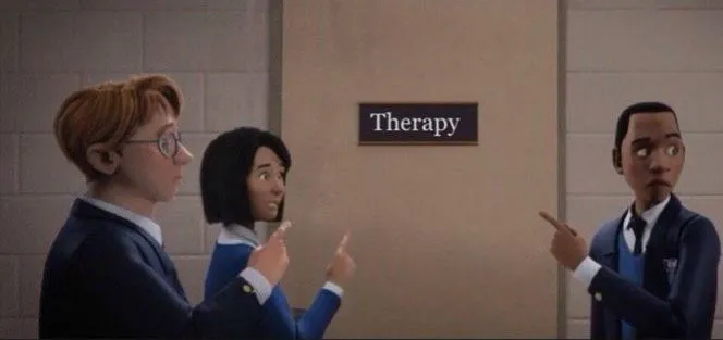 Три анимированных персонажа указывают на дверь с табличкой Therapy